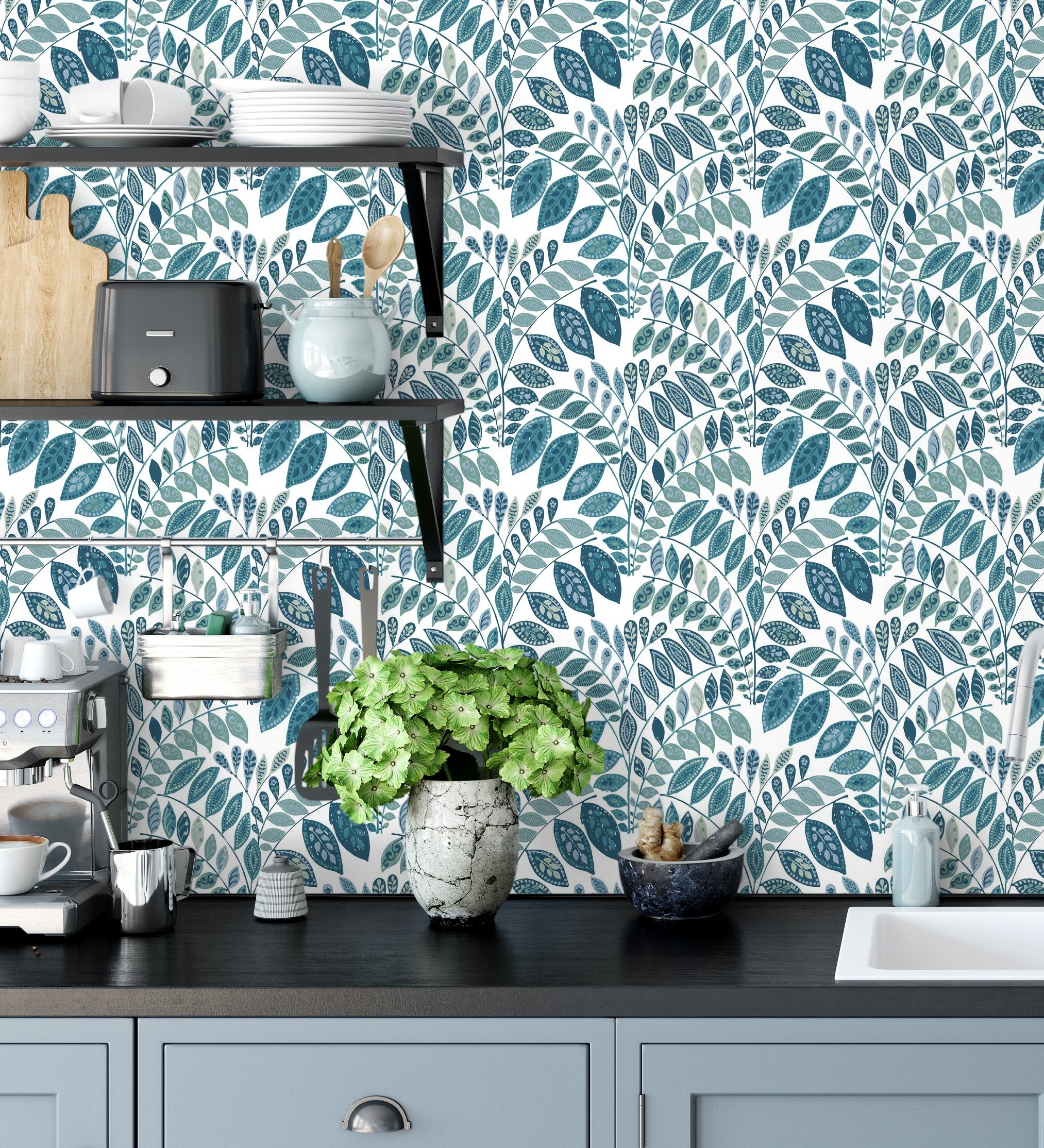 Papel pintado gaulan nórdico de hojas azules y 5.23m²