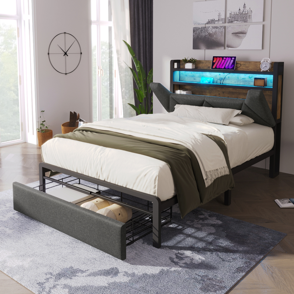 Cama tapizada 90x200cm con almacenaje y usb de lino – gris