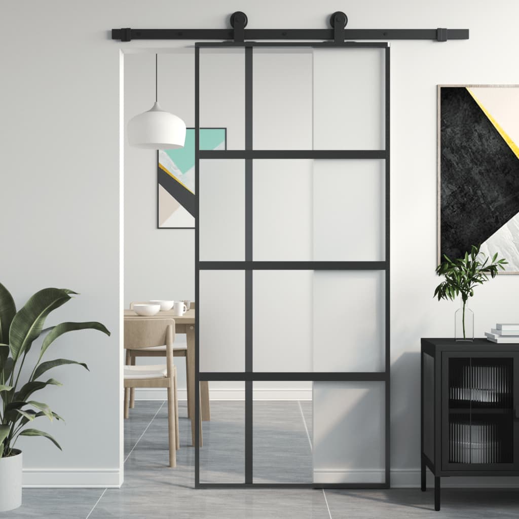 Puerta corredera vidrio templado y aluminio negra 90x205 cm esxt4087