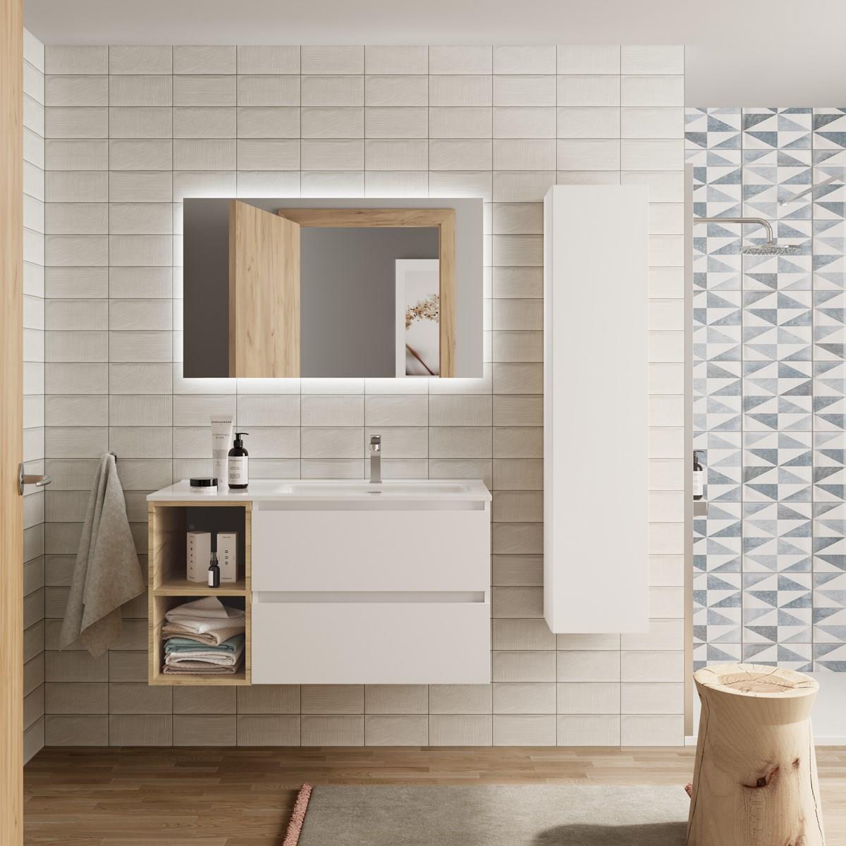 Mueble baño bequia plus 90 cm blanco y coqueta izquierda roble con lavabo