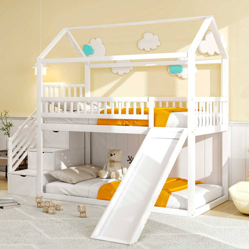 Cama alta 90x200cm, tobogán y escalera con almacenaje, madera blanco