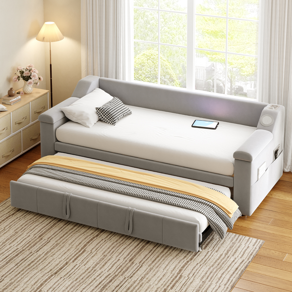 Cama nido 90/180x190cm bluetooth, usb y almacenaje, terciopelo gris claro