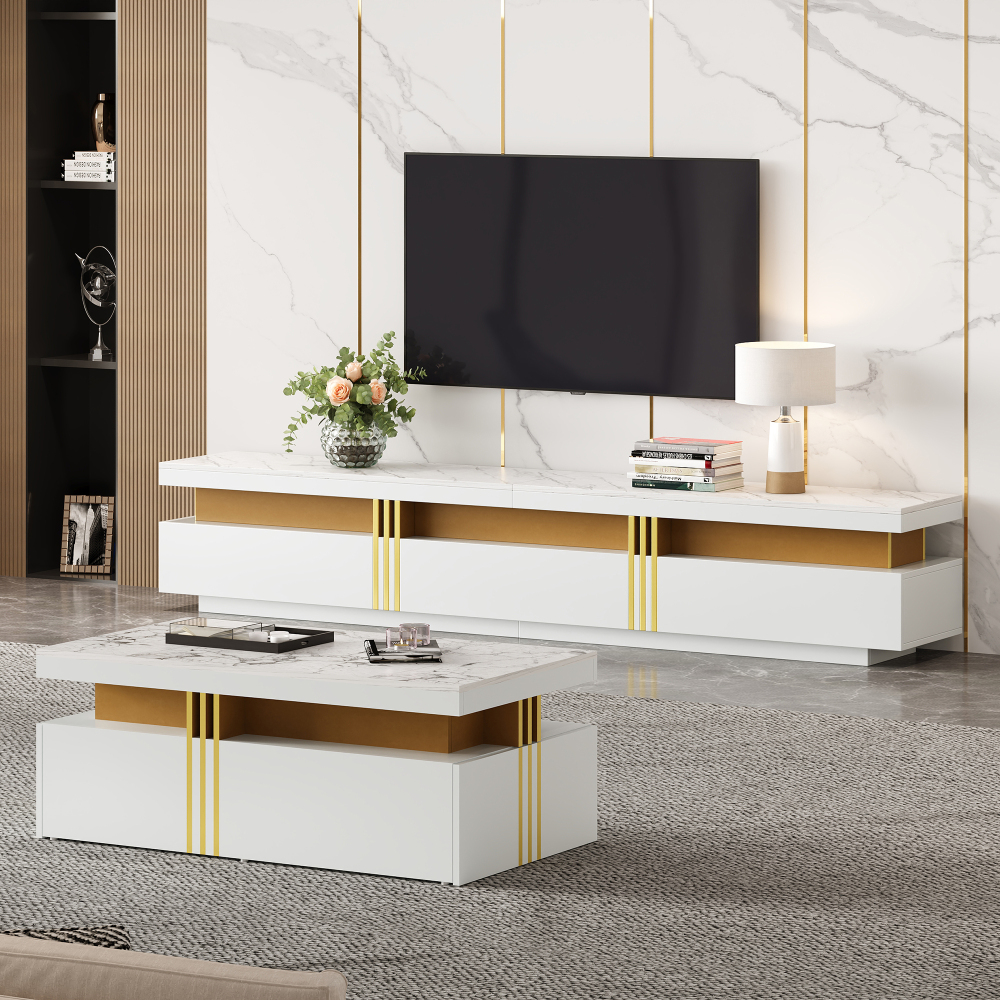 Conjunto de mueble de tv y mesa de centro blanco mármol 42x200x40cm