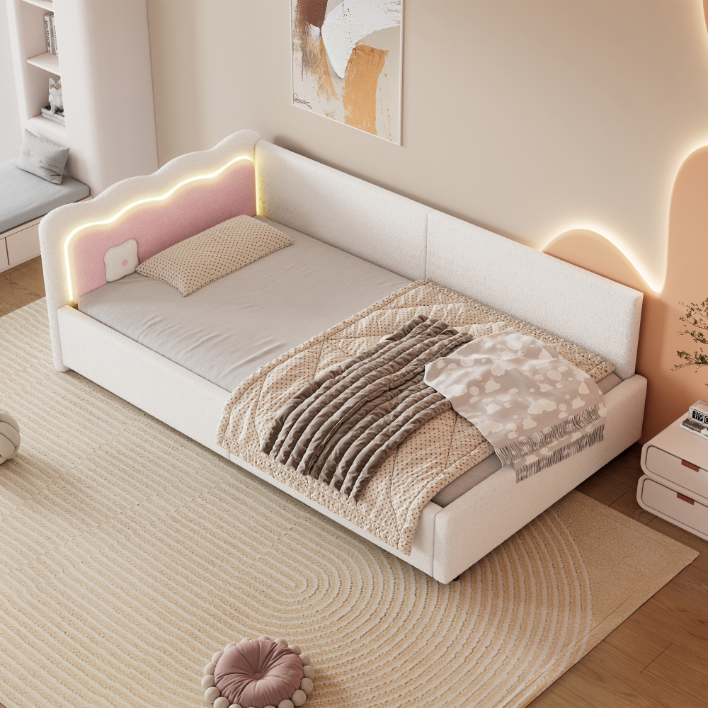 Sofá cama 90x200cm con LED y somier terciopelo – blanco
