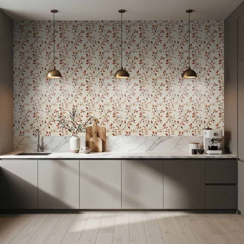Papel pintado floral diseño botánico ramas marrón cobre 60cm por 250cm