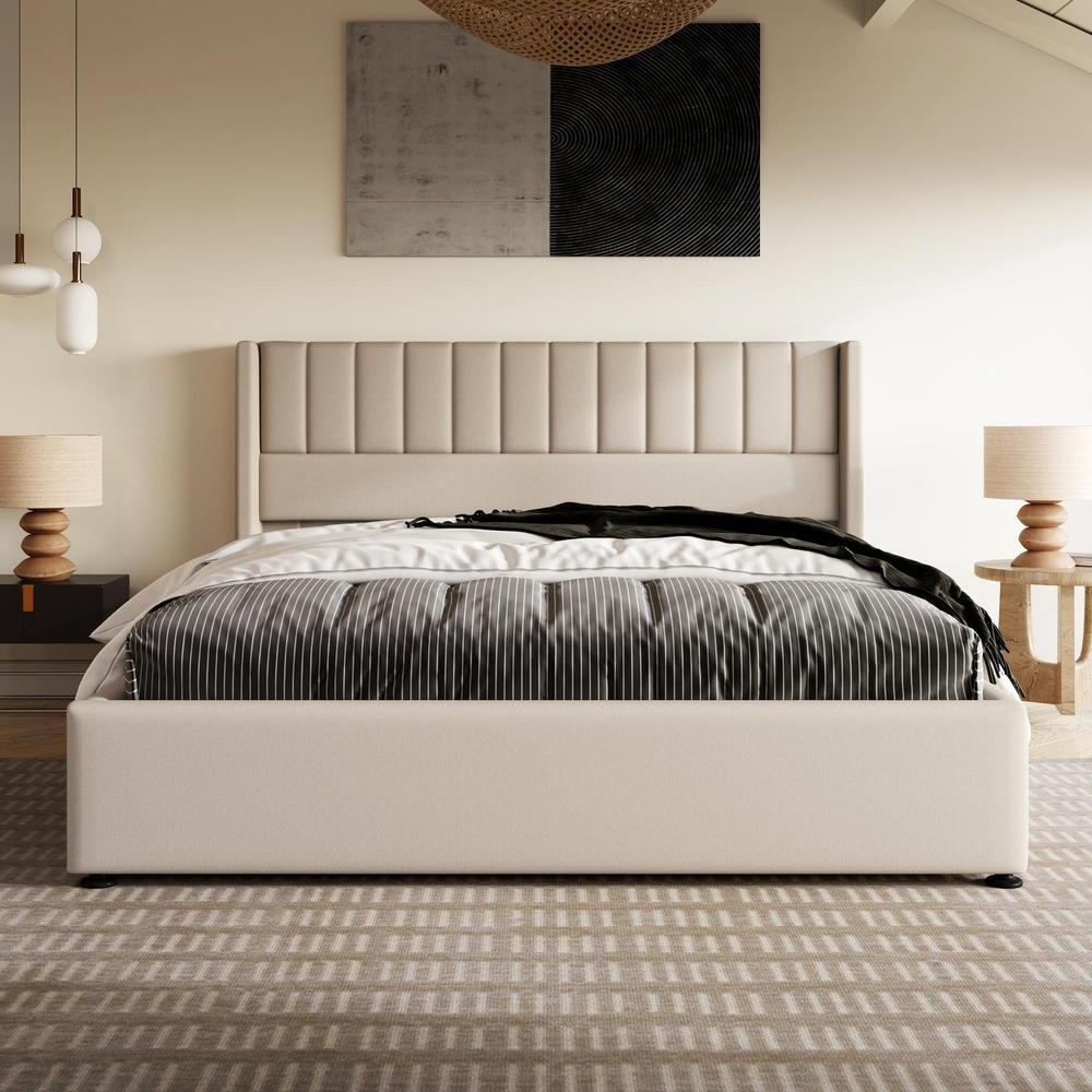 Cama 160x200cm con almacenamiento hidráulico cabecero rayas beige