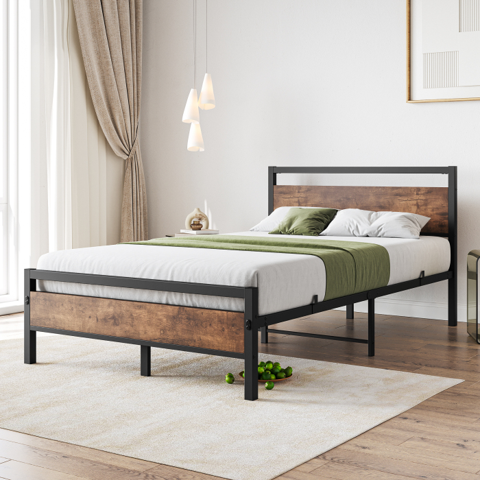 Cama de mdf 140x200cm con almacenaje y somier metal – marrón antiguo