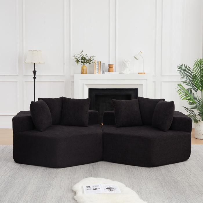 Sillón modular hexagonal de chenilla negra con tres cojines