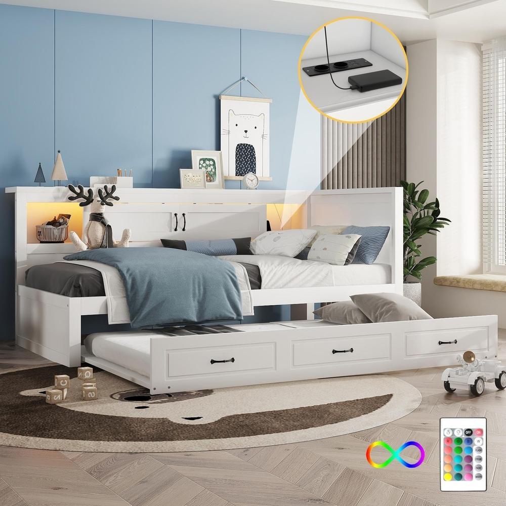Cama nido 90x200cm con luces LED y almacenamiento lateral blanco