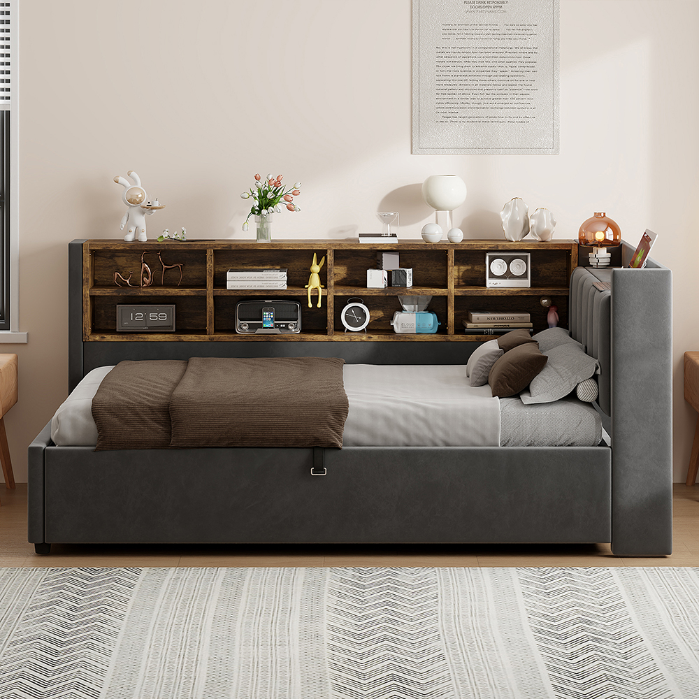 Cama con colchón blando,90x201cm,terciopelo,gris oscuro.