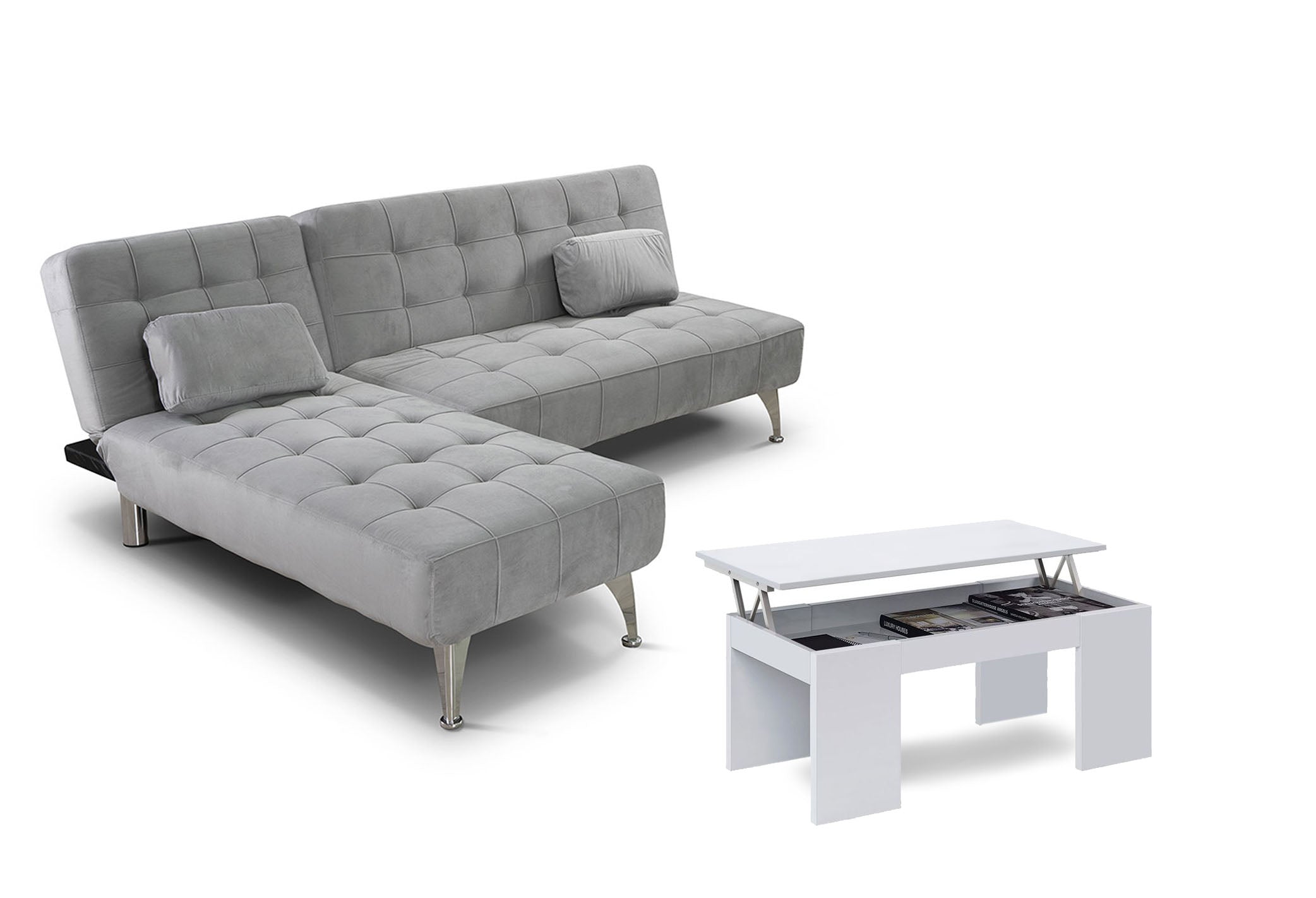 Sofa cama chaise longue xs gris + mesa de centro blanco