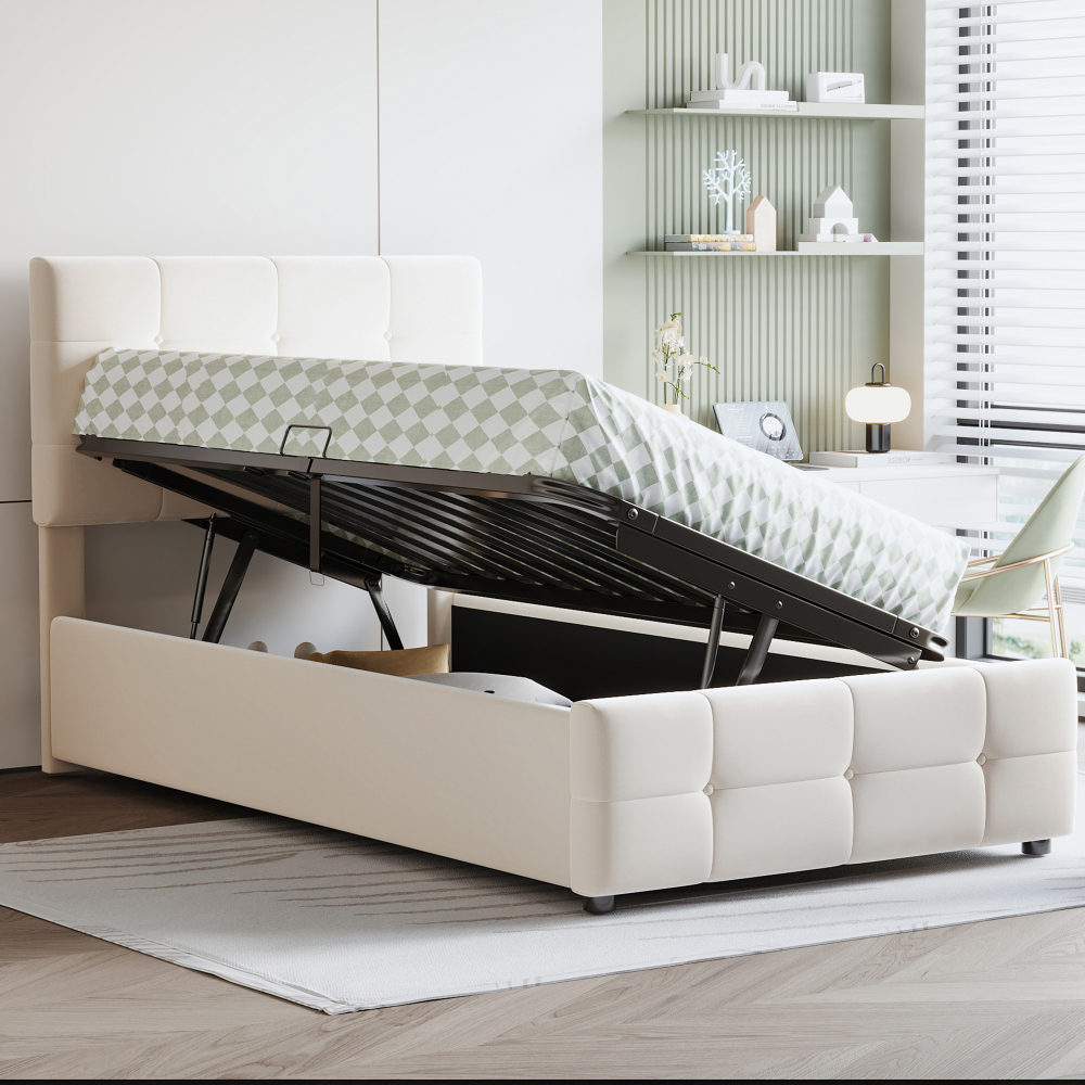 Cama individual tapizada 90x200cm con canapé hidráulico terciopelo beige