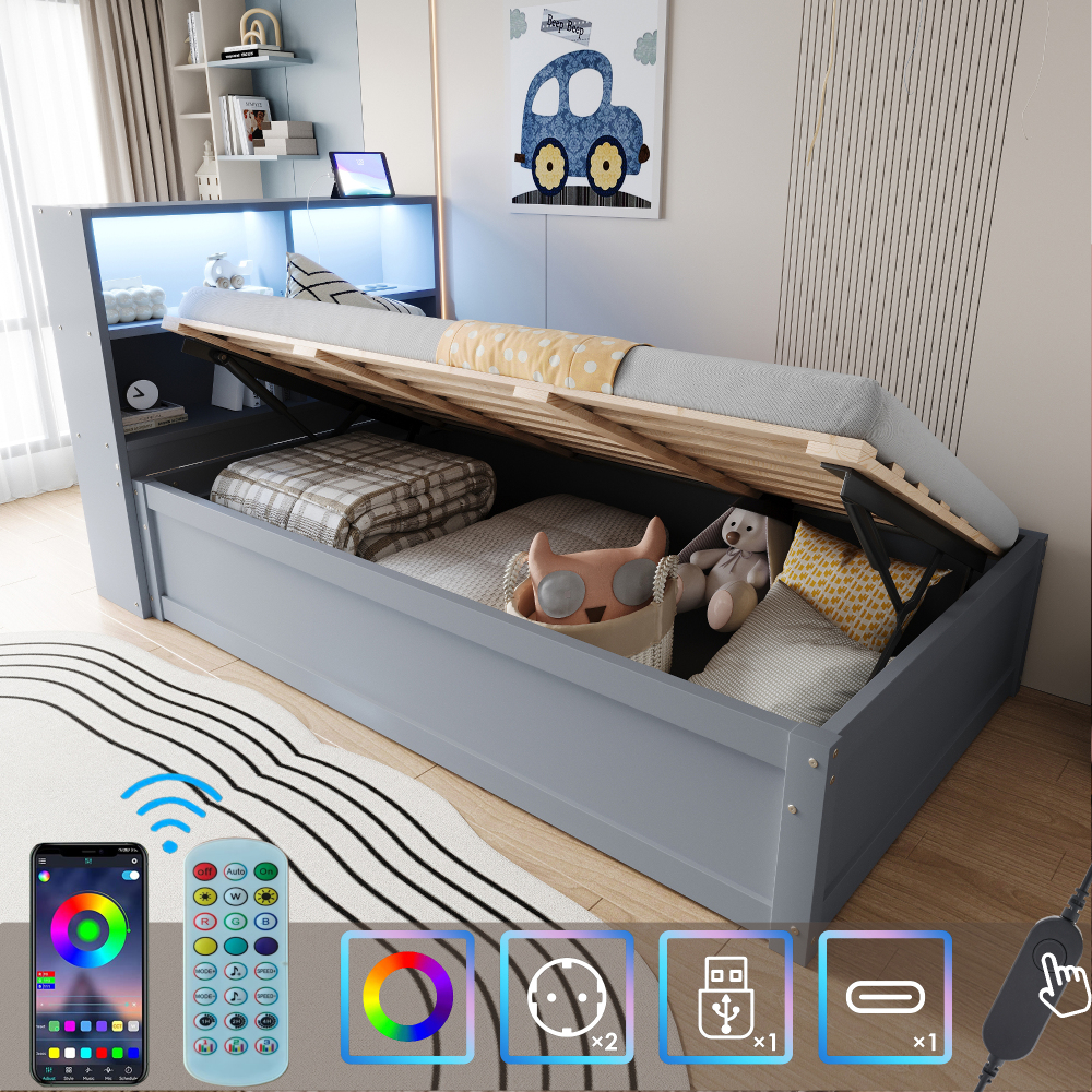 Sofá cama 90x200cm con canapé hidráulico, LED y enchufe madera – gris