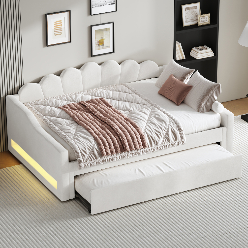 Cama nido 140x200cm con LED, sofá cama individual, mdf y lino – beige