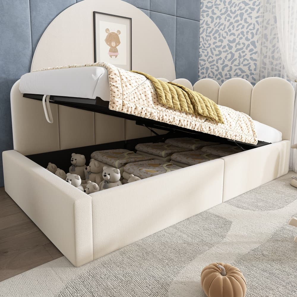Cama tapizada 90x190 cm con almacenaje hidráulico terciopelo – color beige