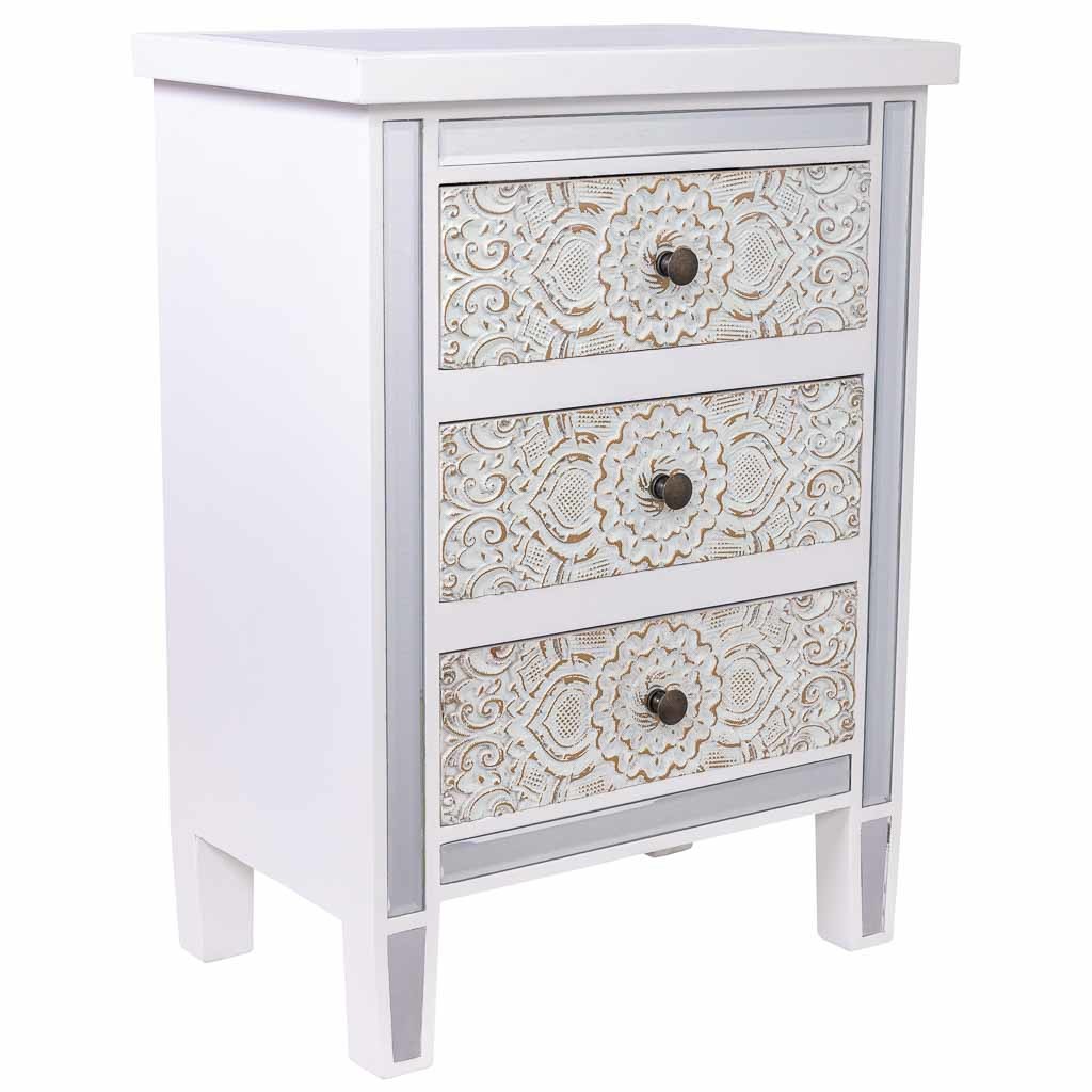 Mesita de madera y cristal de 3 cajones 48x30x66