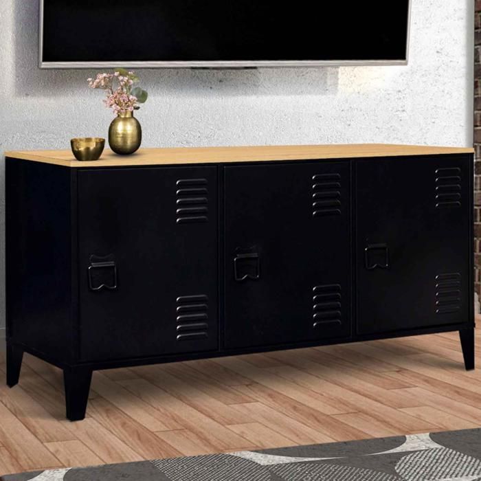 Aparador bajo industrial negro de metal, 3 puertas, 113 cm