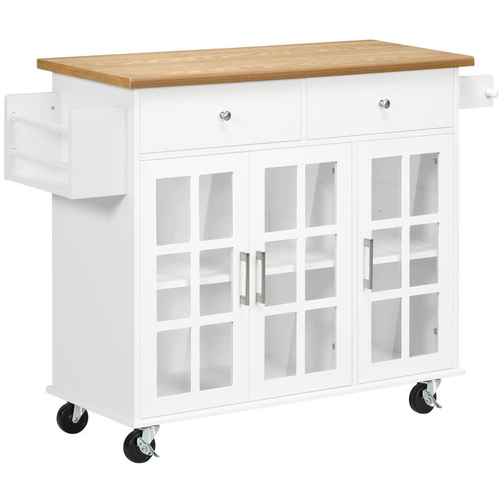 Carro de cocina 124.5x39.5x90 cm mdf, vidrio templado color blanco Homcom