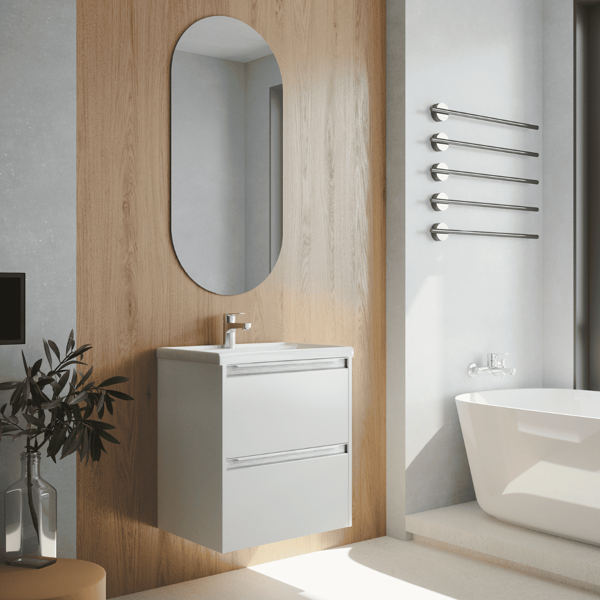 Mueble baño fondo reducido| lavabo| 2 cajones| 50 cm blanco mate tir. Cromo