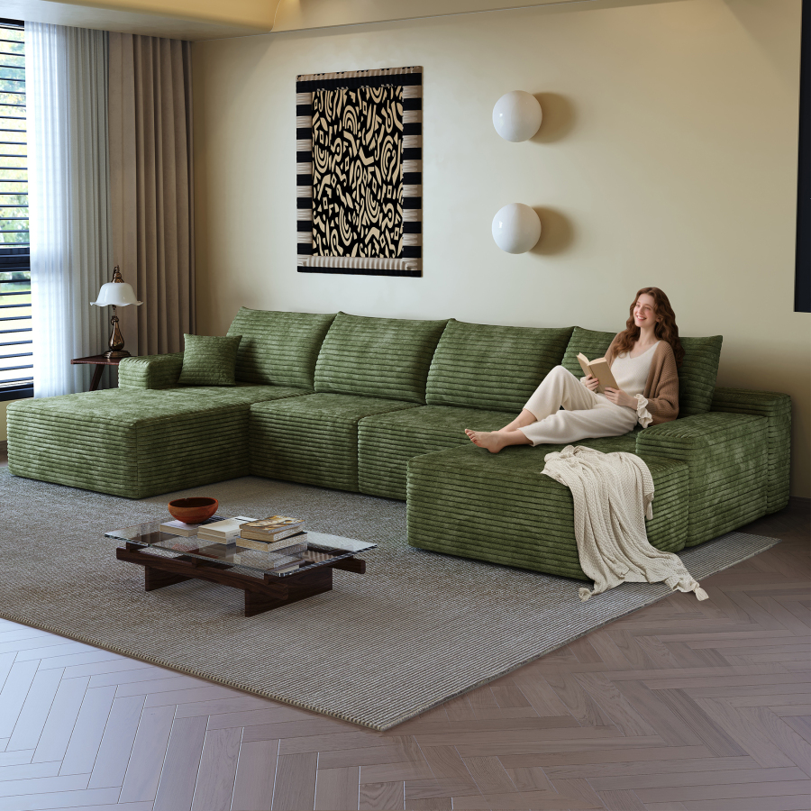 Sofá modular en l con chaise longue de tela verde 4 plazas sin montaje