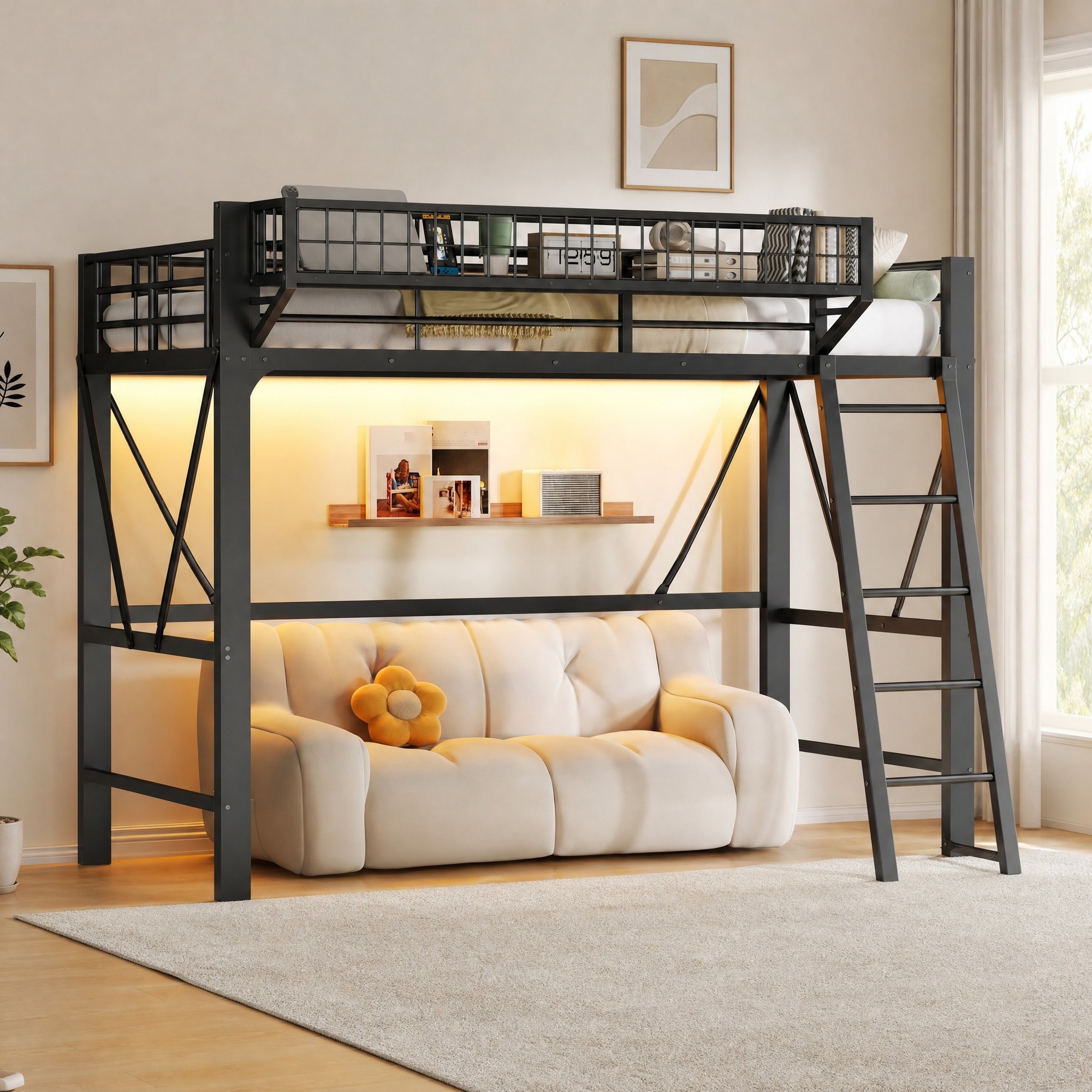 Cama alta 90x200cm con luz LED y almacenaje metal negro