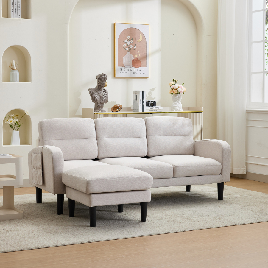 Sofá en l tela beige 3 plazas con chaise longue y bolsillos