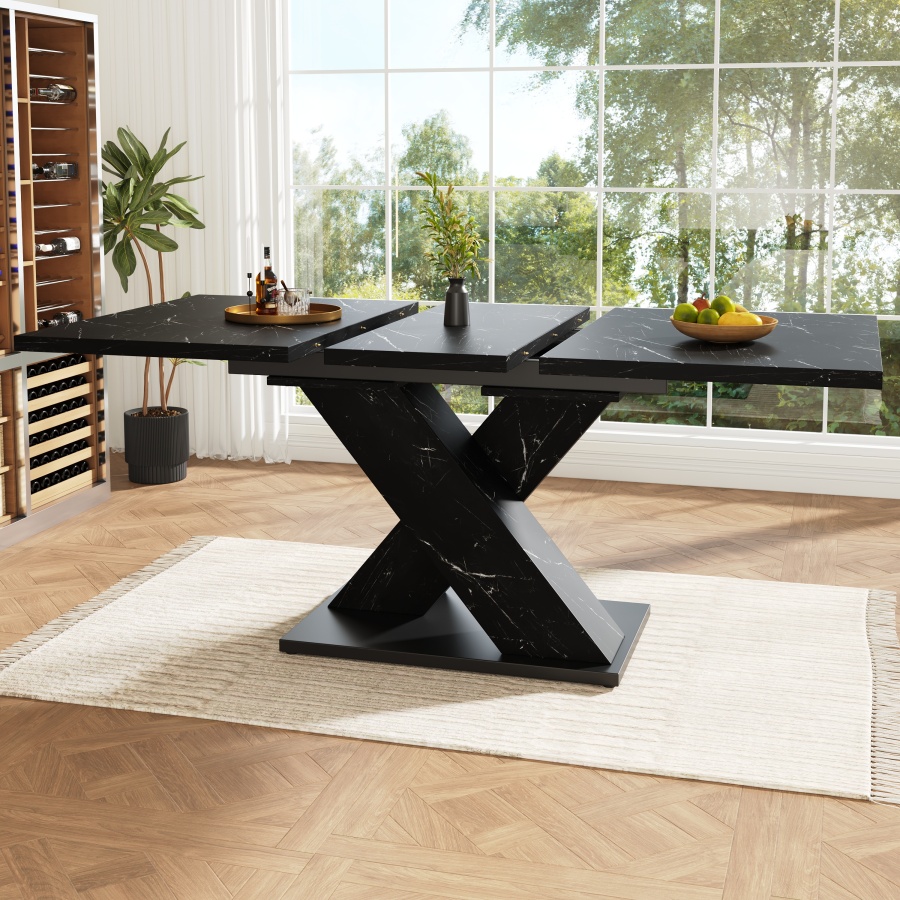 Mesa de comedor extensible efecto mármol negro 75x119,5-158,5x80cm