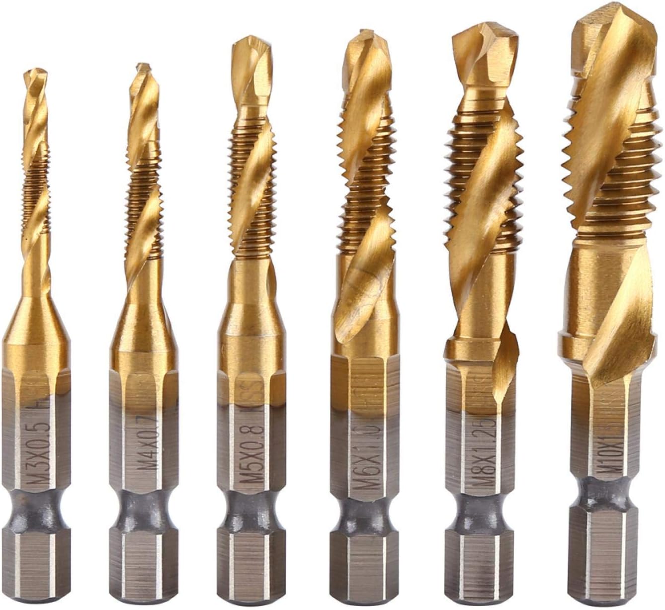 6 brocas para roscar y machuelos hss m3-m10 con vástago hexagonal de 1/4