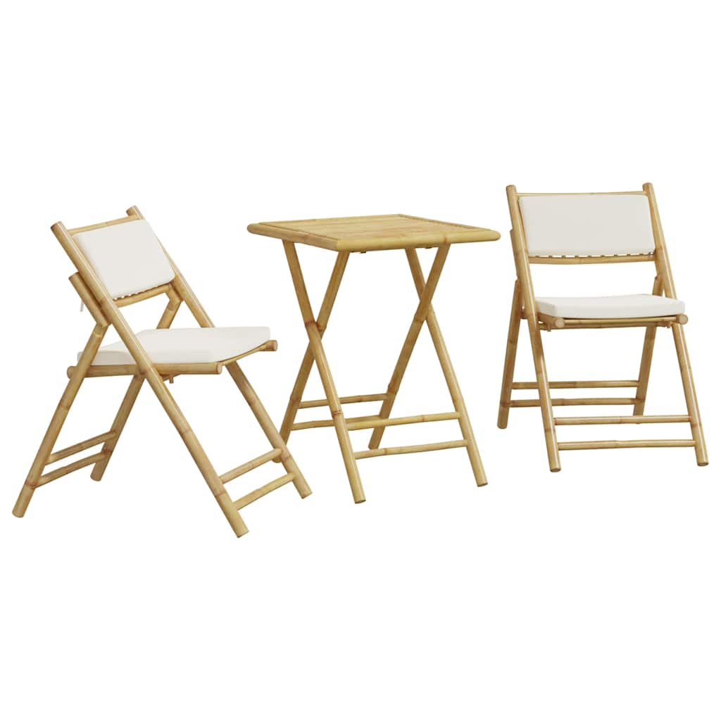 vidaXL juego bistró plegable de bambú 3 pzas con cojines blanco crema