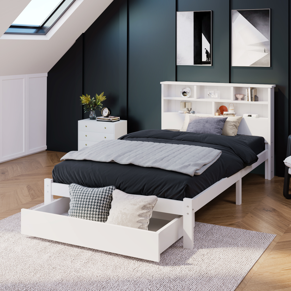 Cama individual infantil 90x200cm con cajón y estantería madera blanco
