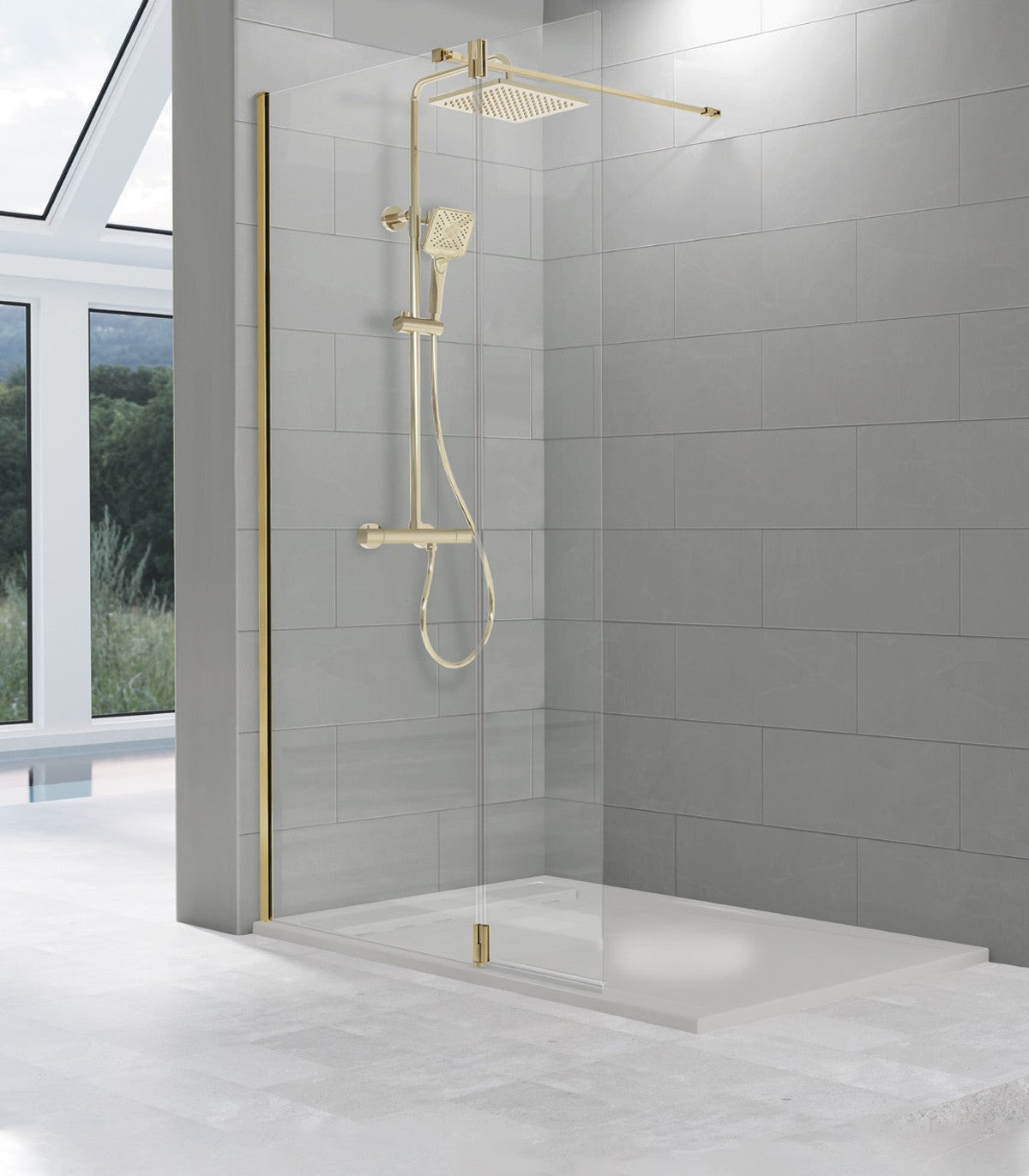 Mampara de ducha fija + abatible oro cepillado mod. Tutti - 118cm tt424 36