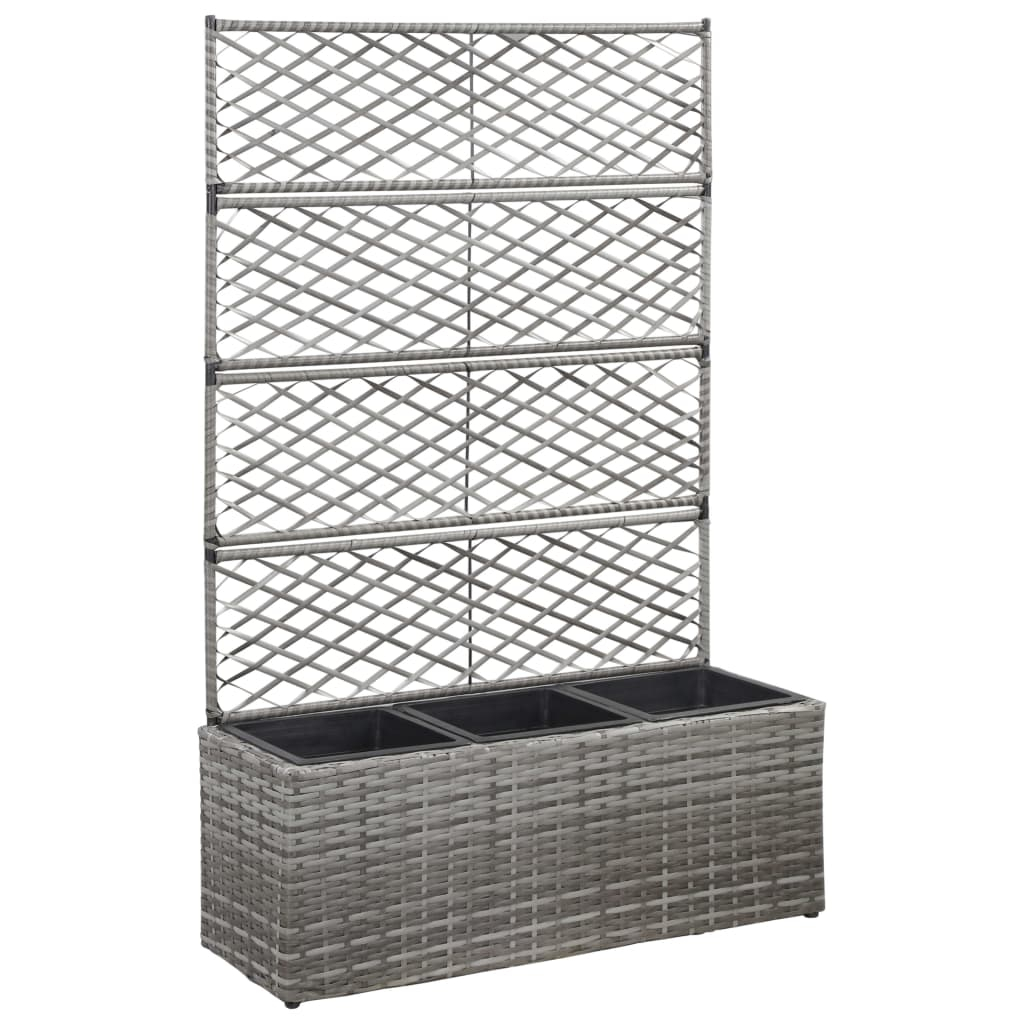 vidaXL enrejado y arriate 3 macetas ratán sintético gris 83x30x130 cm
