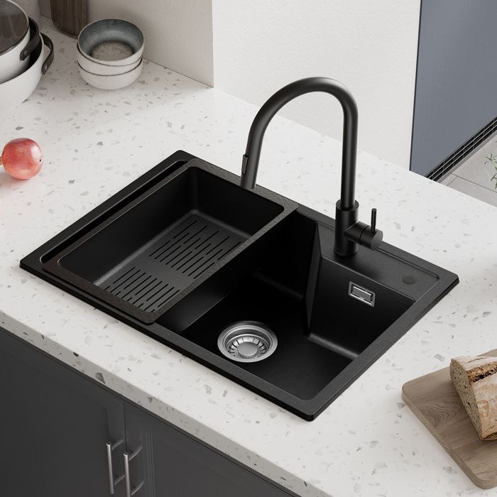 Fregadero de cocina negro de granito 65x45cm - fregadero de 1 bañera con ca