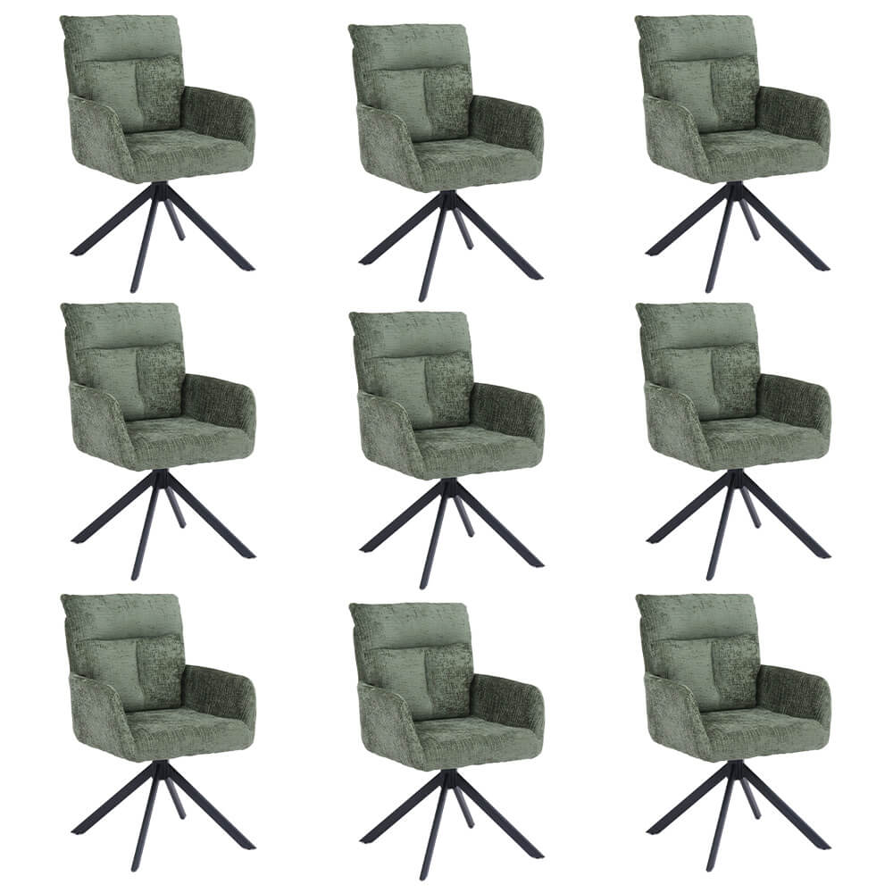 Silla de comedor aluna de chenilla con reposabrazos - lote de 9 verde