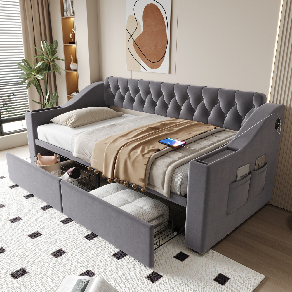 Sofá cama tapizado 90x190cm con usb y cajones terciopelo – gris oscuro