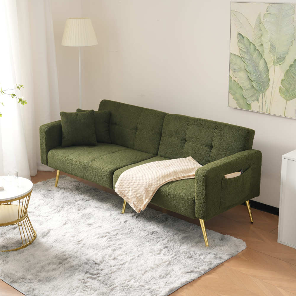 Sofá cama plegable tela sherpa verde antiguo 2 plazas bolsillos laterales