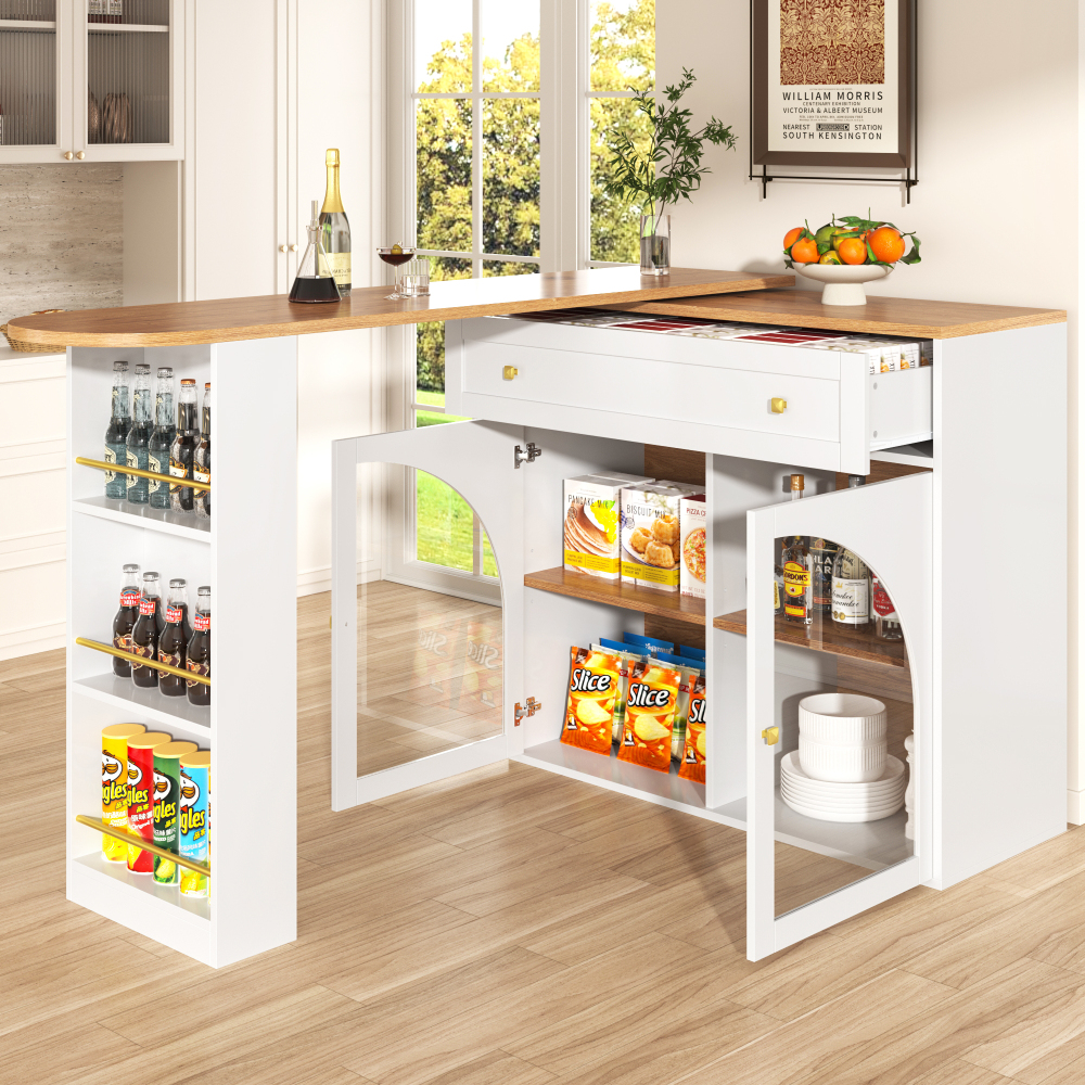 Mesa barra extensible con almacenaje mdf blanco 104x138 204x39cm