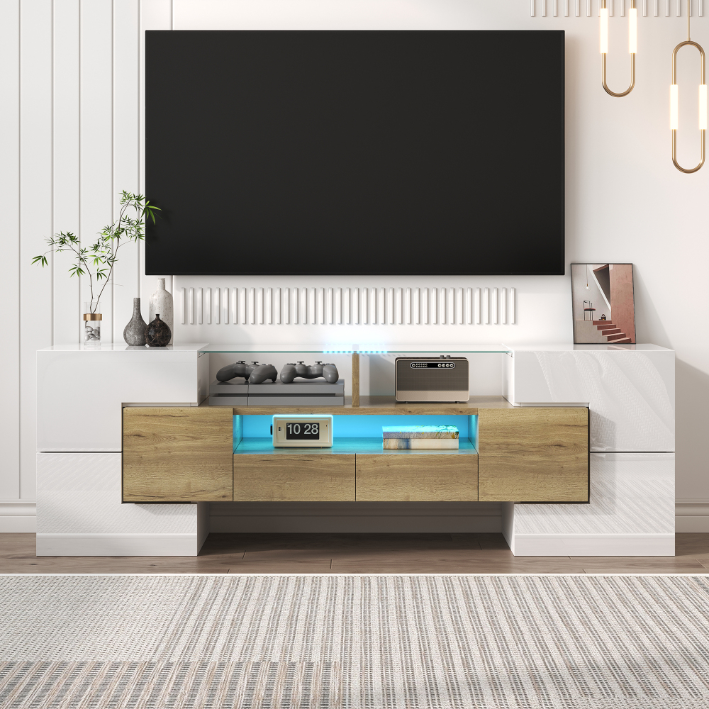 Mueble de tv con LED 6 puertas 2 cajones blanco y dorado 51x145x30cm