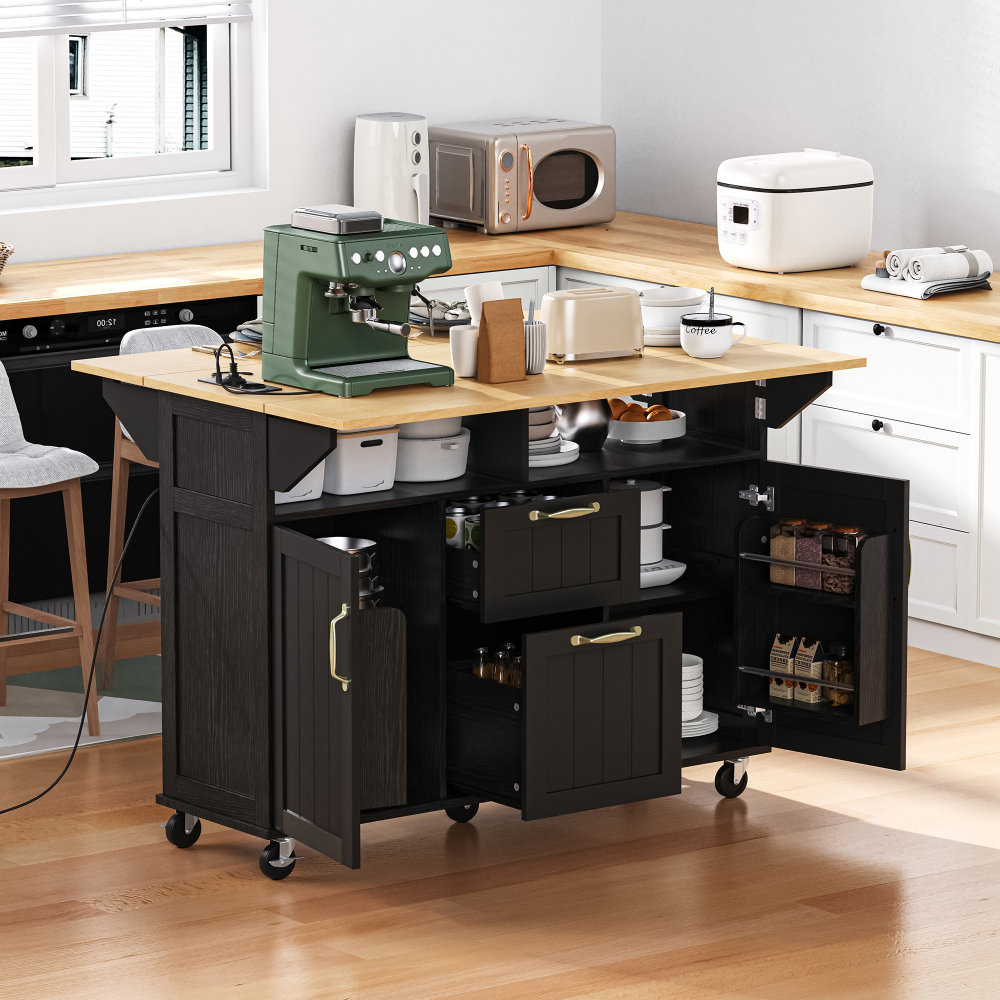 Isla de cocina mesa abatible con cajones enchufes negro 92x120x40-80cm