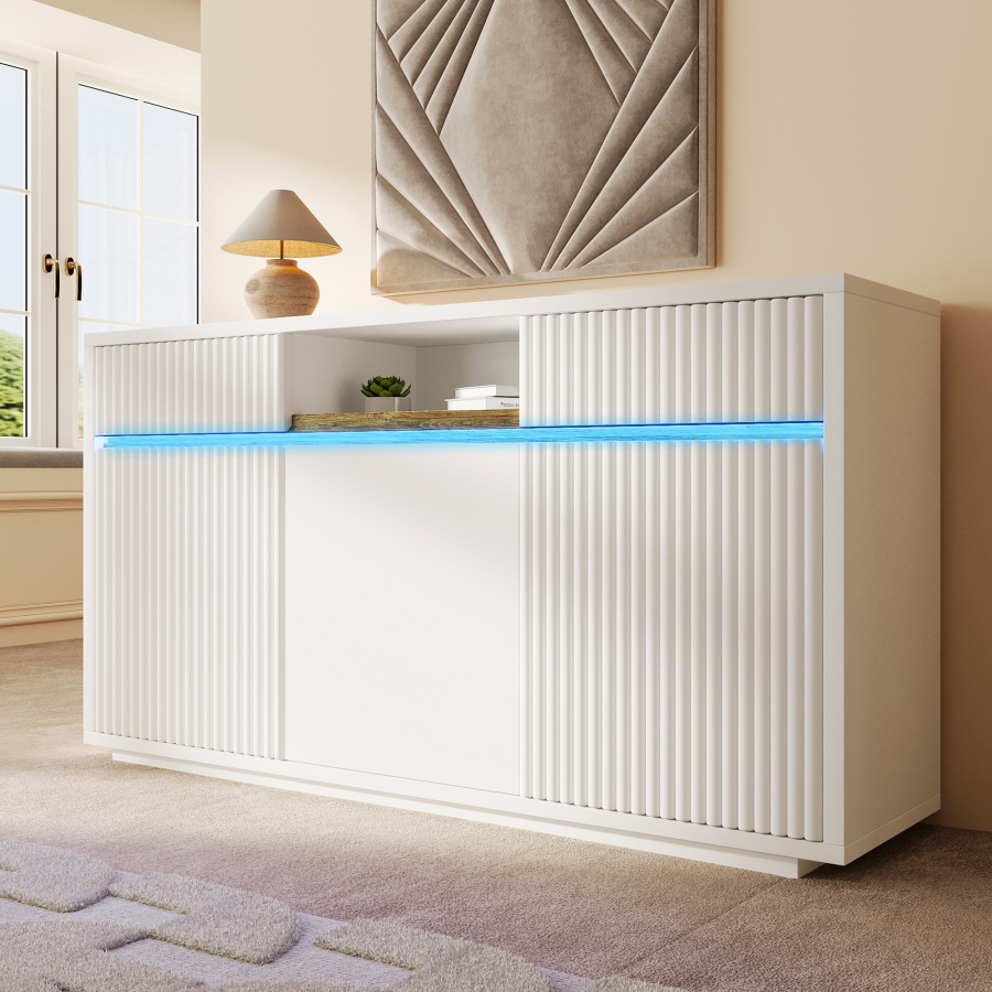 Aparador con LED 3 puertas y 2 cajones blanco 85x140x40cm