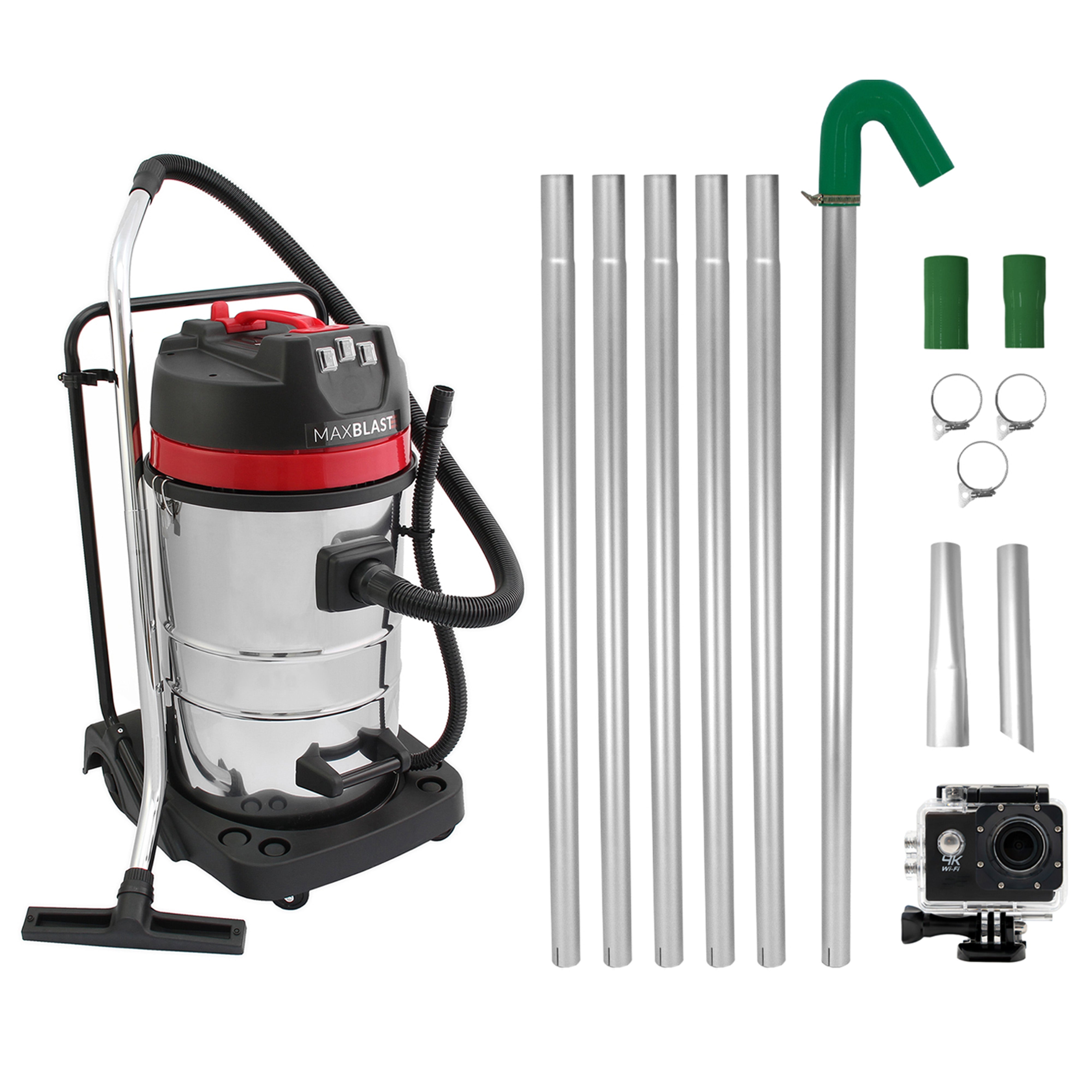 Kit limpieza de canalones: aspiradora 80l, tubos y cámara 4k