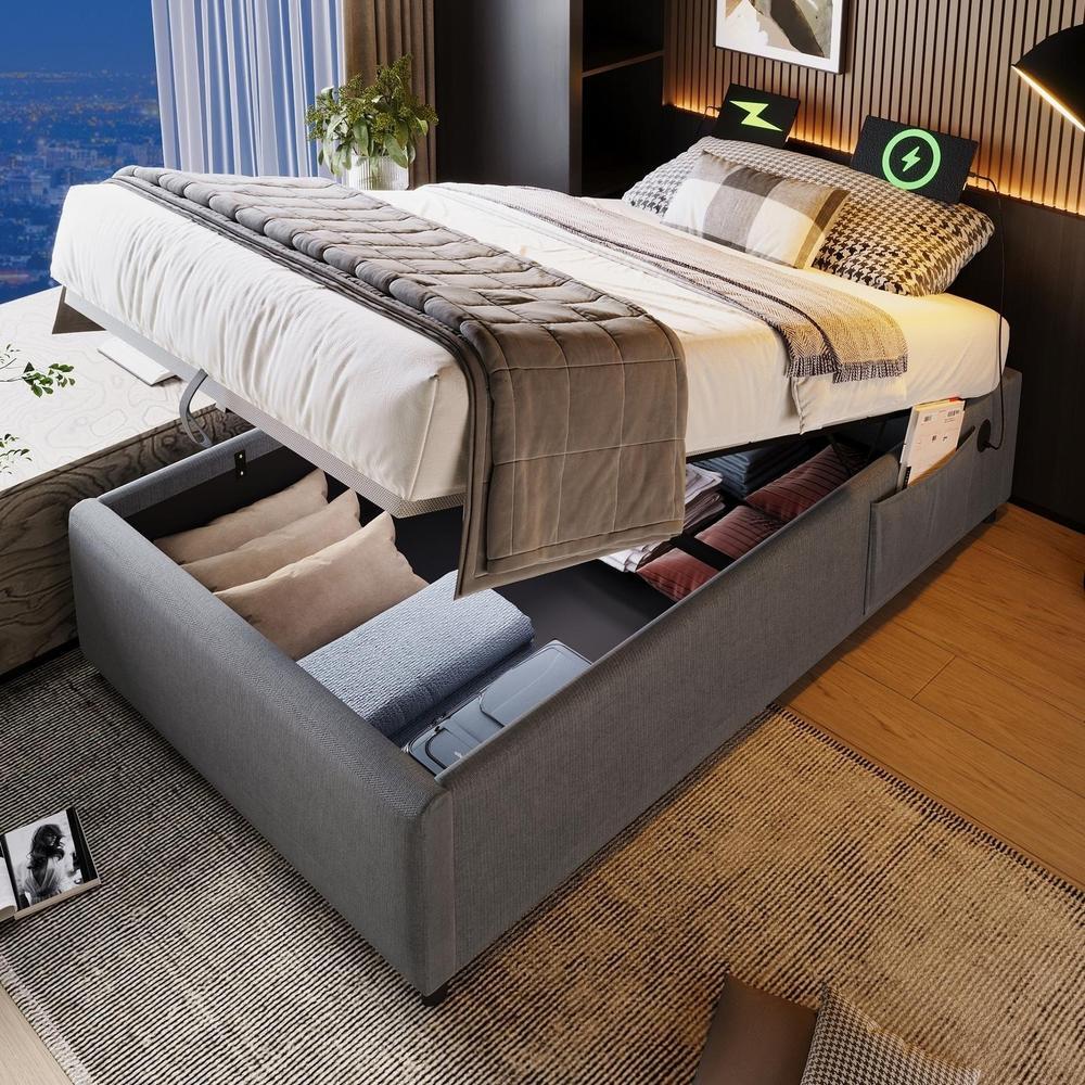 Cama 90x200cm con almacenamiento hidráulico usb c gris