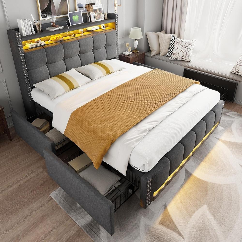 Cama tapizada 140x200cm con LED usb y 4 cajones gris
