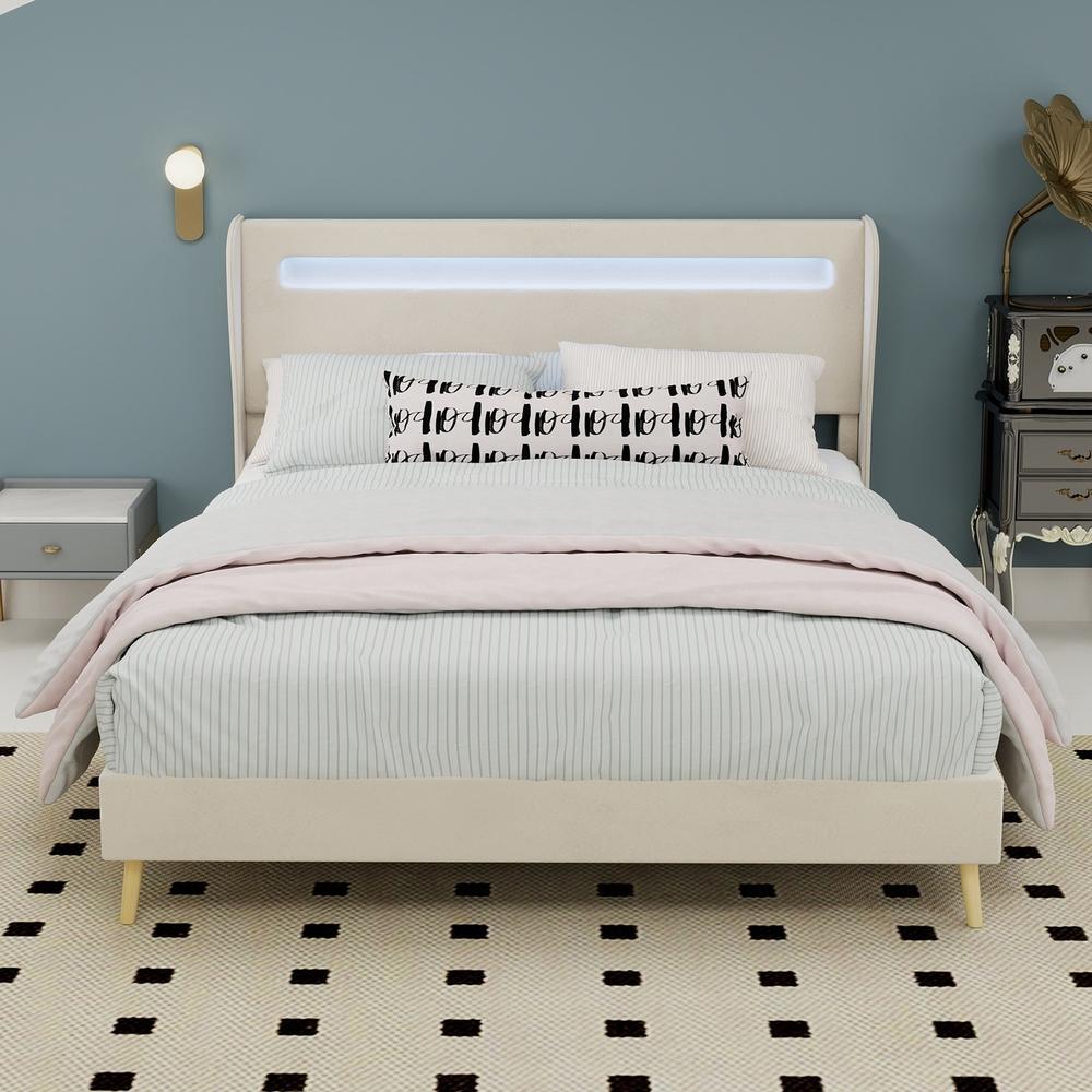 Cama 140x200cm beige con cabecero LED, somier bajo sin colchón