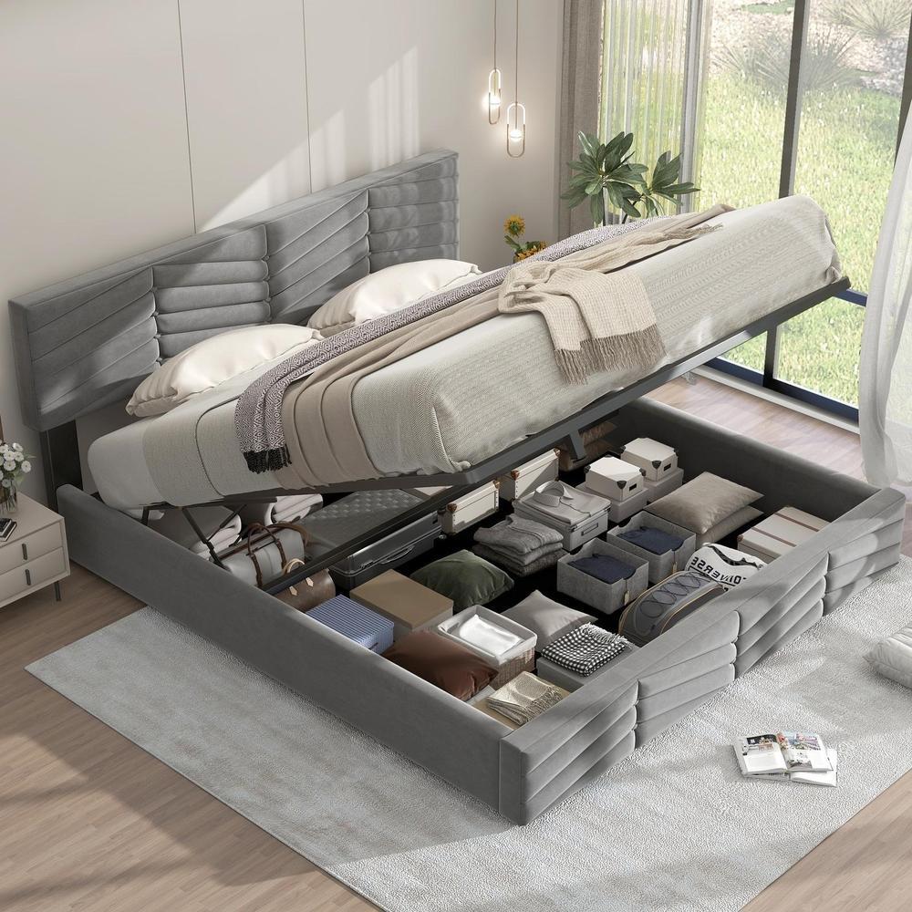 Cama doble tapizada con almacenamiento hidraulico 180x200cm gris
