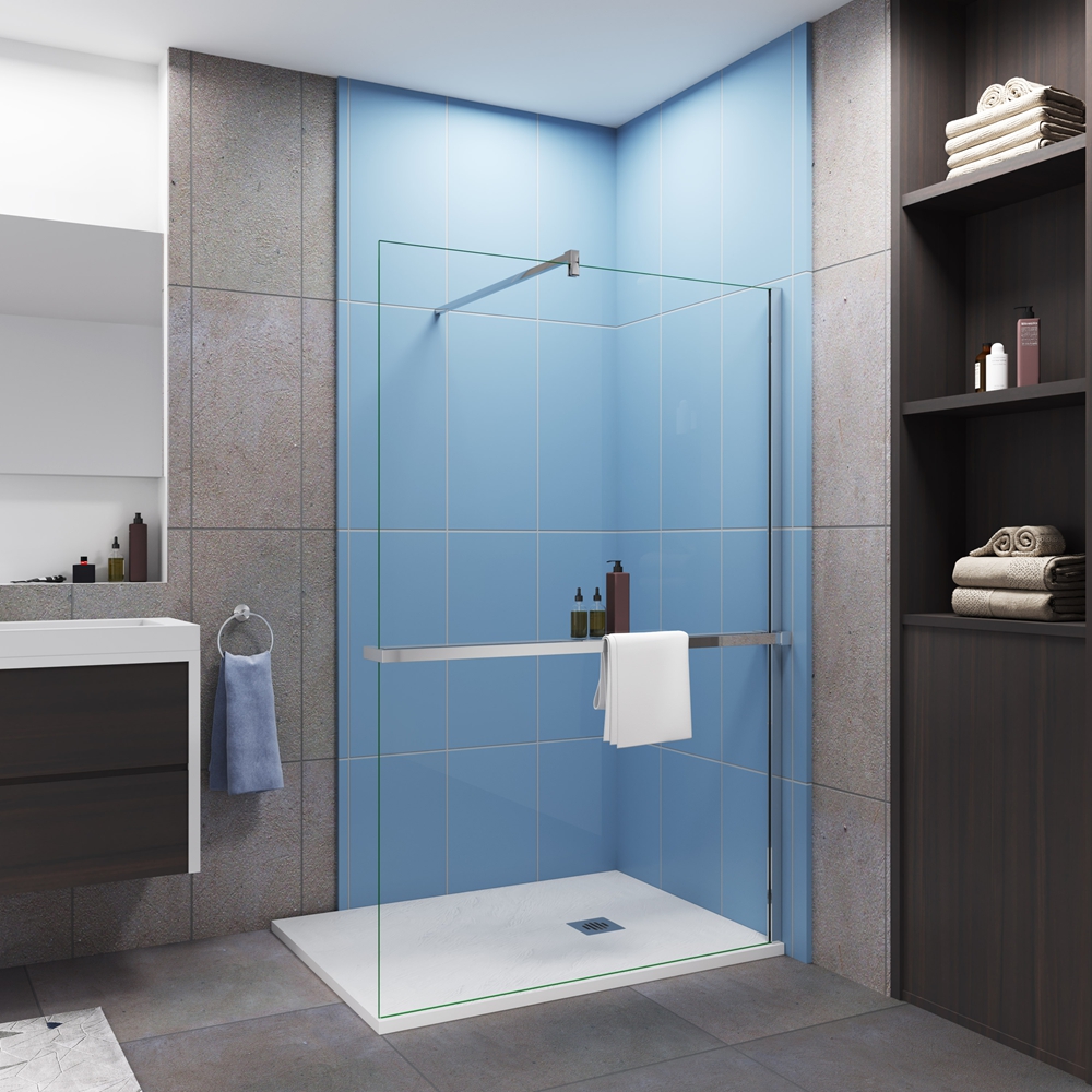 Mampara de ducha fija con estante-140x200cm-vidrio 8mm antical-barra 90cm