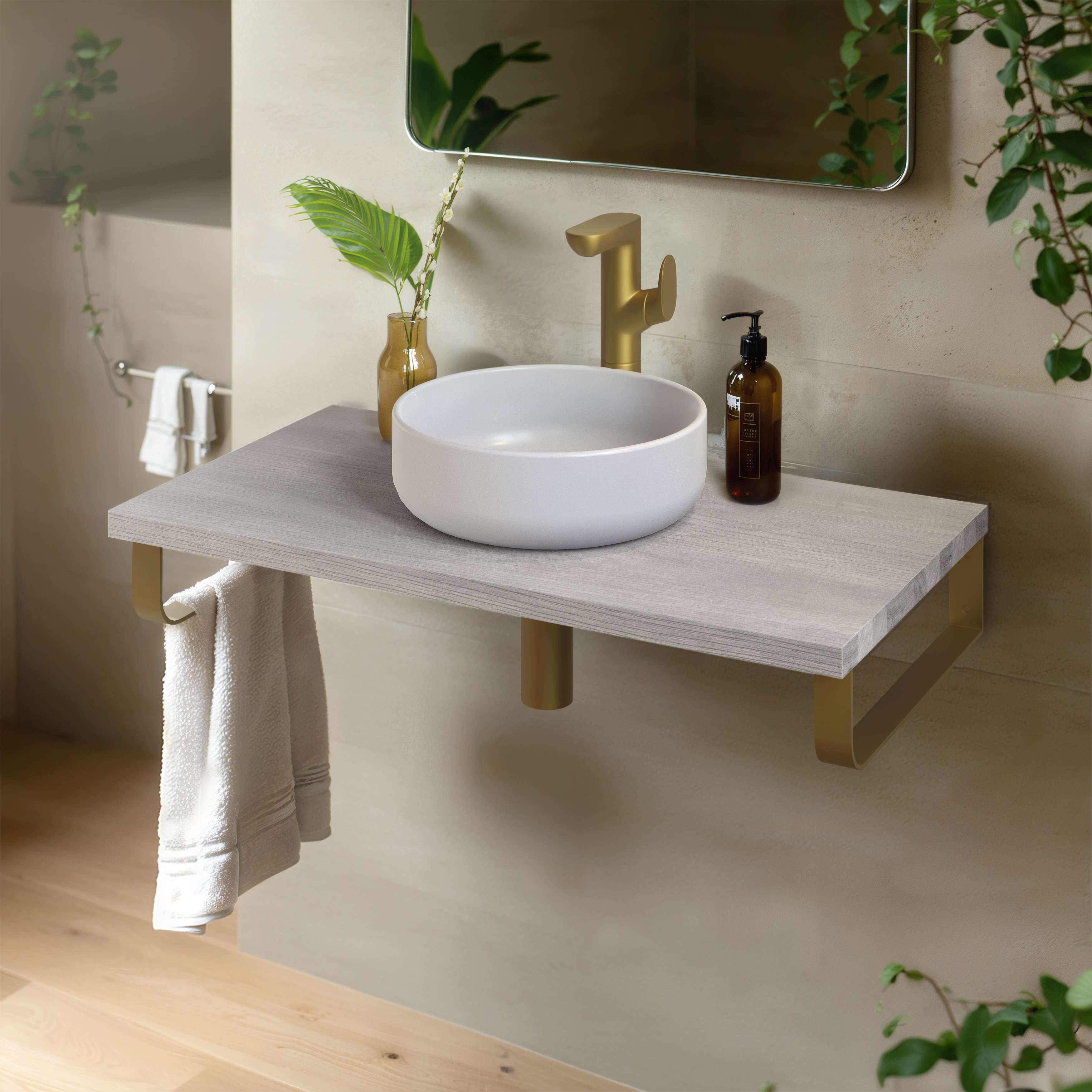 Encimera lavabo 91x49x3 cm chapa fresno natural con soportes oro