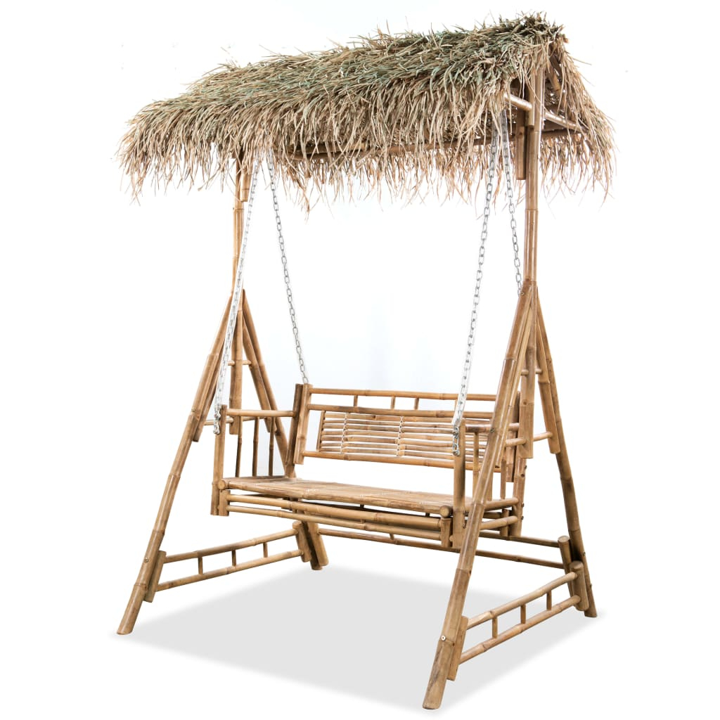 vidaXL banco columpio de 2 plazas con hojas de palmera y bambú 202 cm
