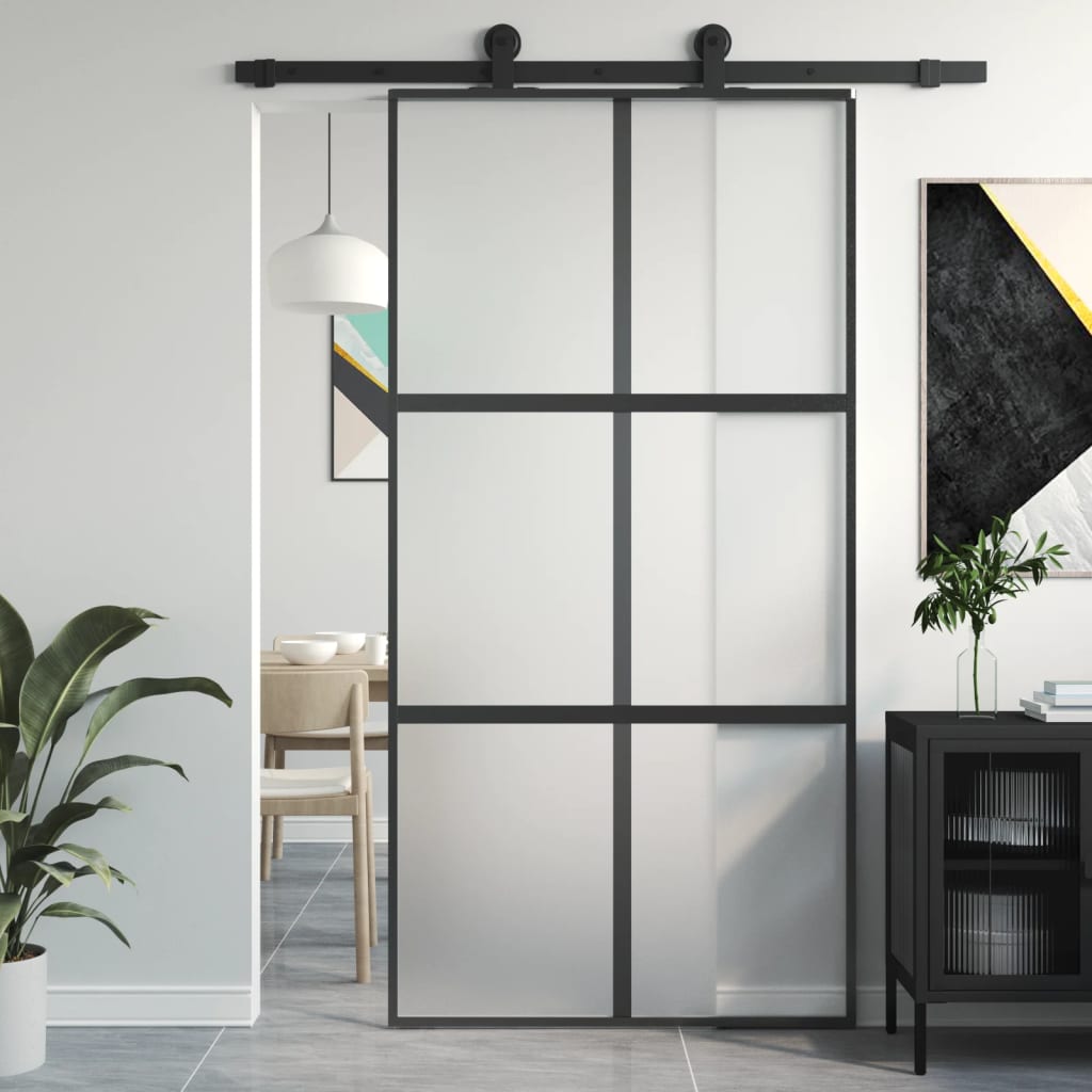 Puerta corredera vidrio templado y aluminio negra 102,5x205 cm esxt3871