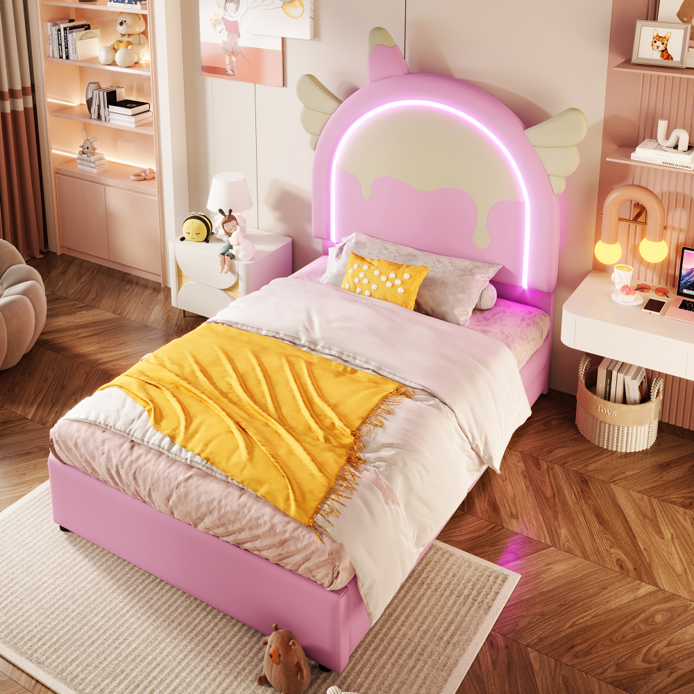 Cama tapizada 90x200 cm con luz LED y 2 cajones pu – color rosa sin colchón